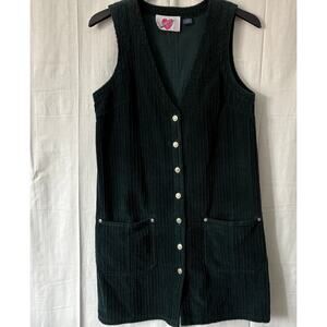 Keren Hart Vintage Green Corduroy Button Down Jumper Dress Pockets Small